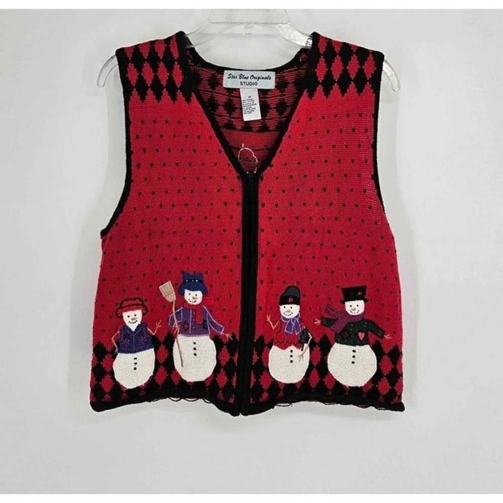 Star Blue Original Studio Red Black Embroidered Snowman Knitted Zip Vest M
